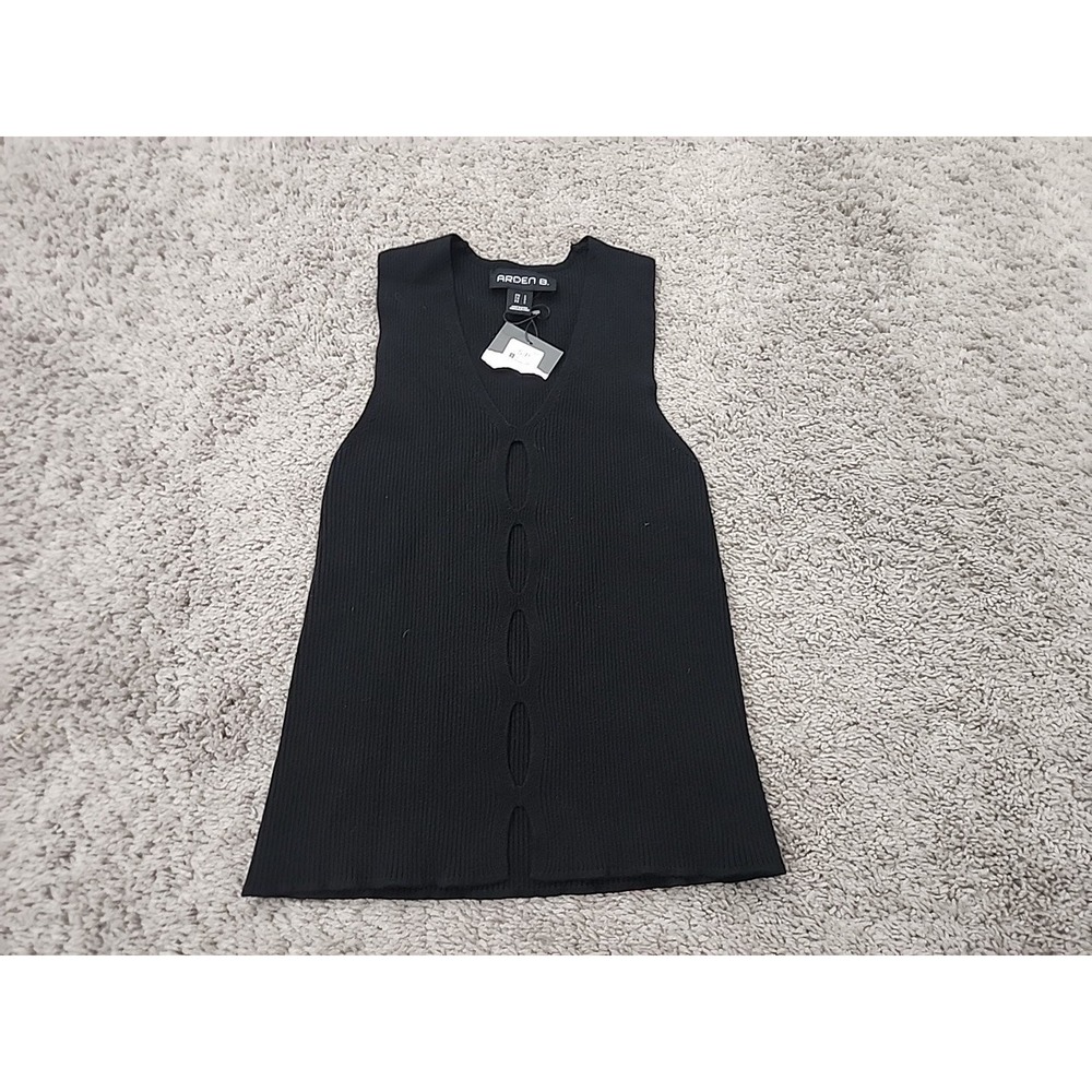Arden B. Women's Black Ribbed Knit V-Neck Sleeveless Button Front Top Size S/P